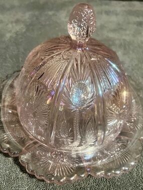 Vintage Mosser Glass Inverted Thistle Pink Carnival Covered Butter Dish